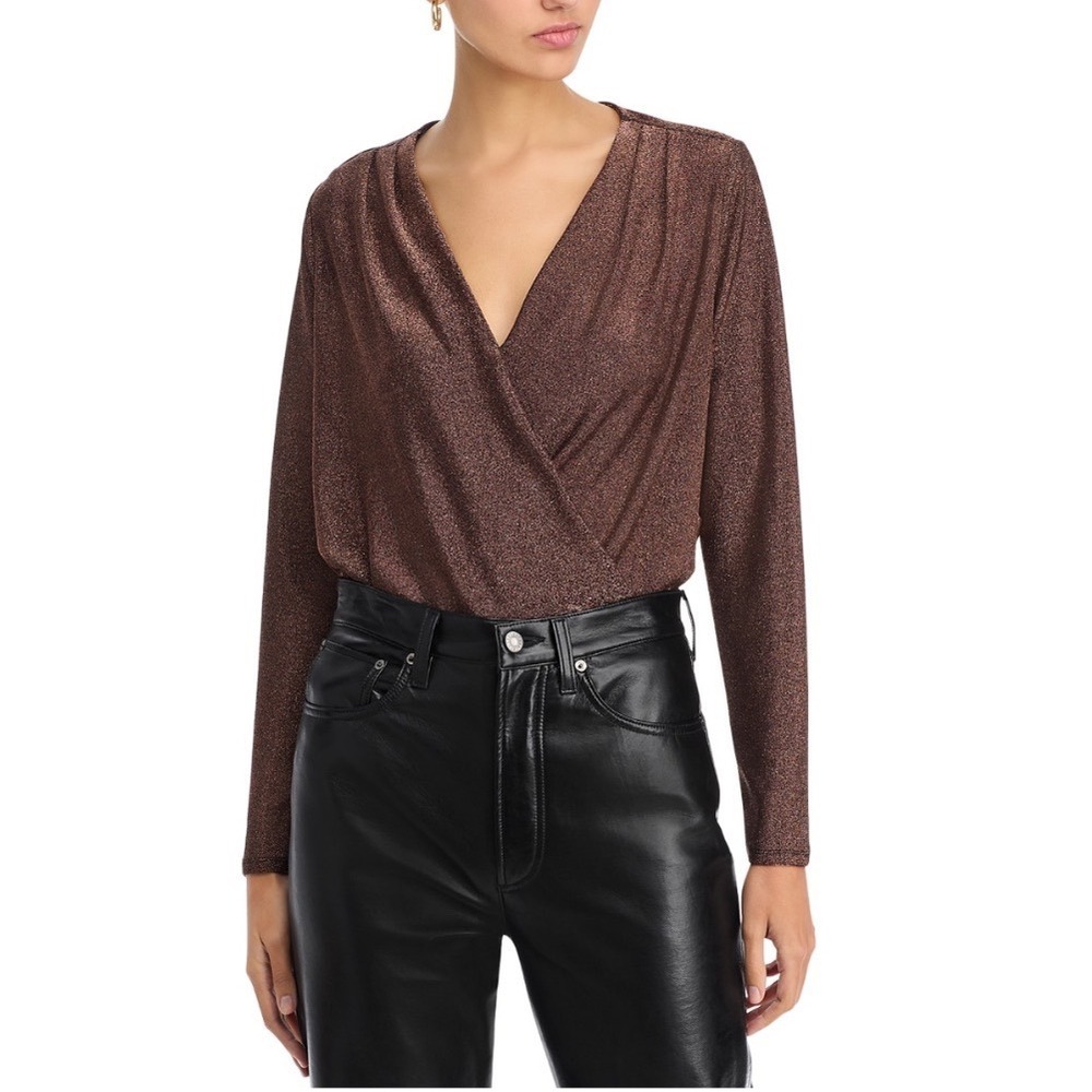 Status by Chenault Bronze Slinky Surplice Long Sleeve Metallic Top‎ Large